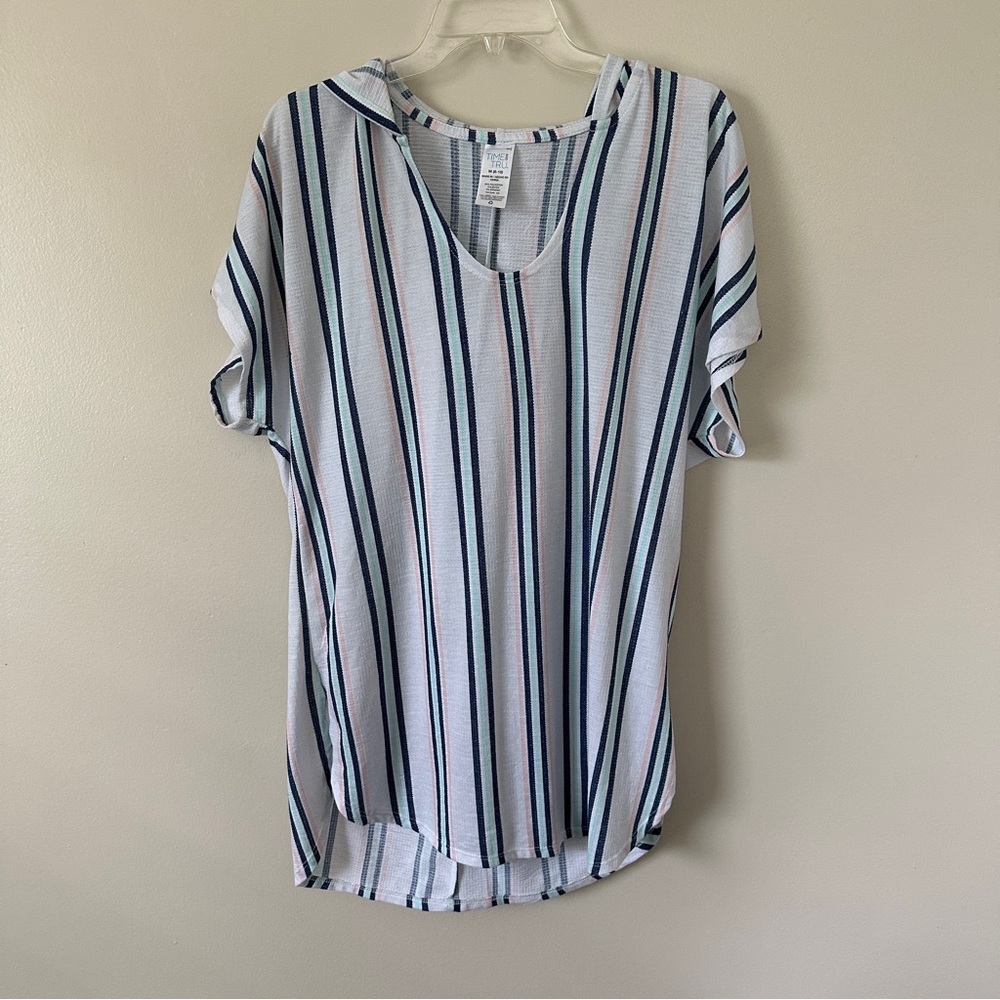Time and Tru Blue and White Striped Hooded Cover Up
